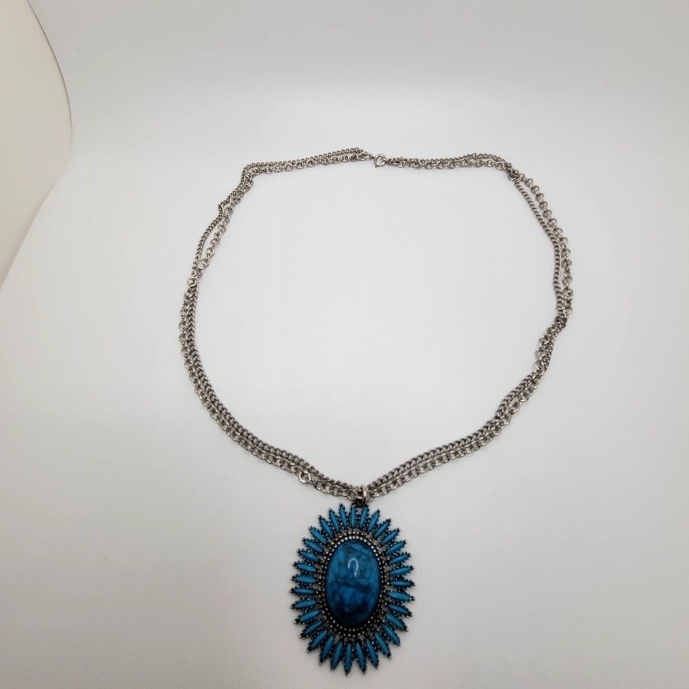 ESilver Medallion Necklace Crown Long Faux Turquoise